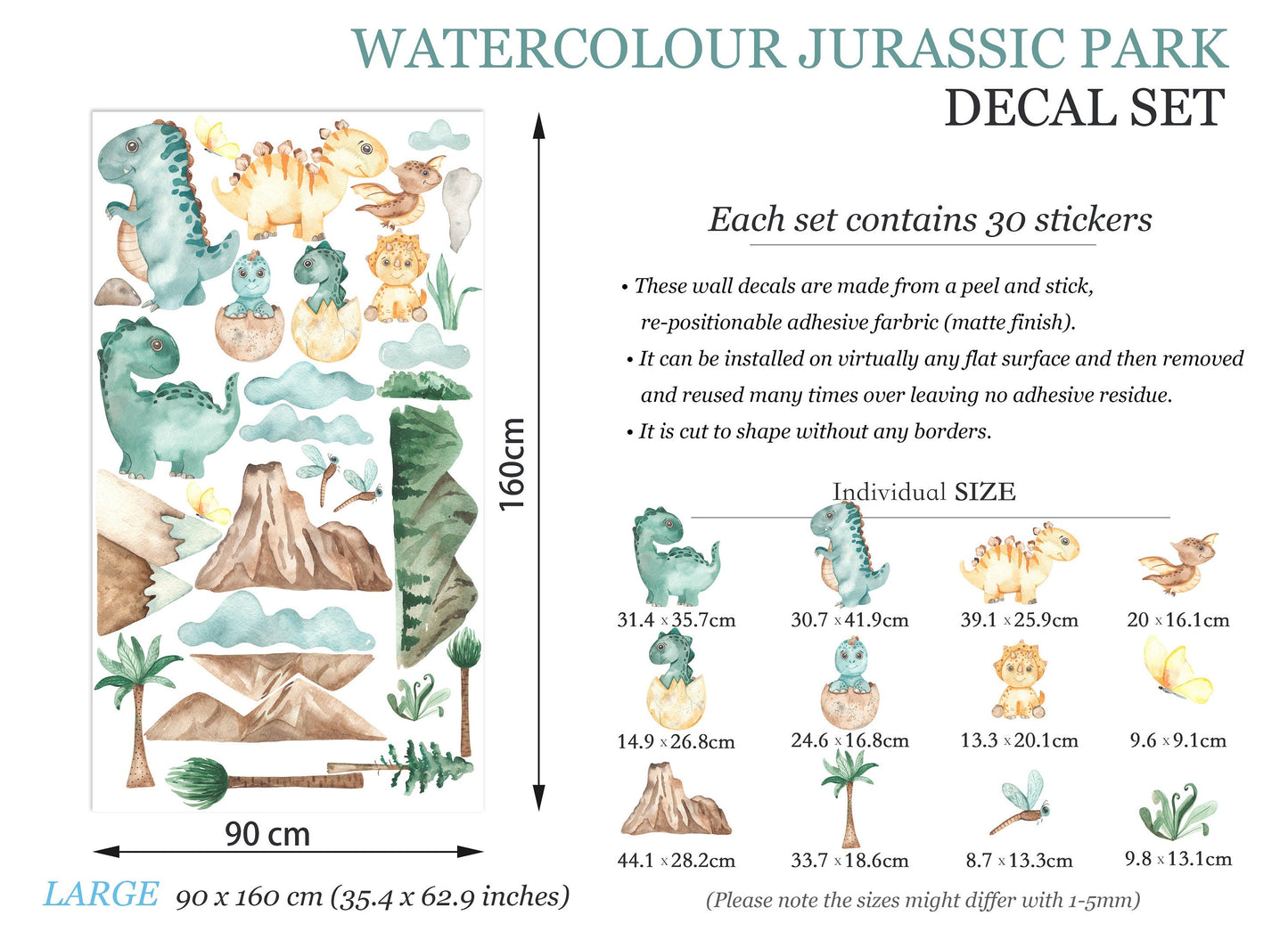 Watercolour Prehistoric Dinosaur Volcano Wall Decal - Removable Decal for Baby Room - BR096