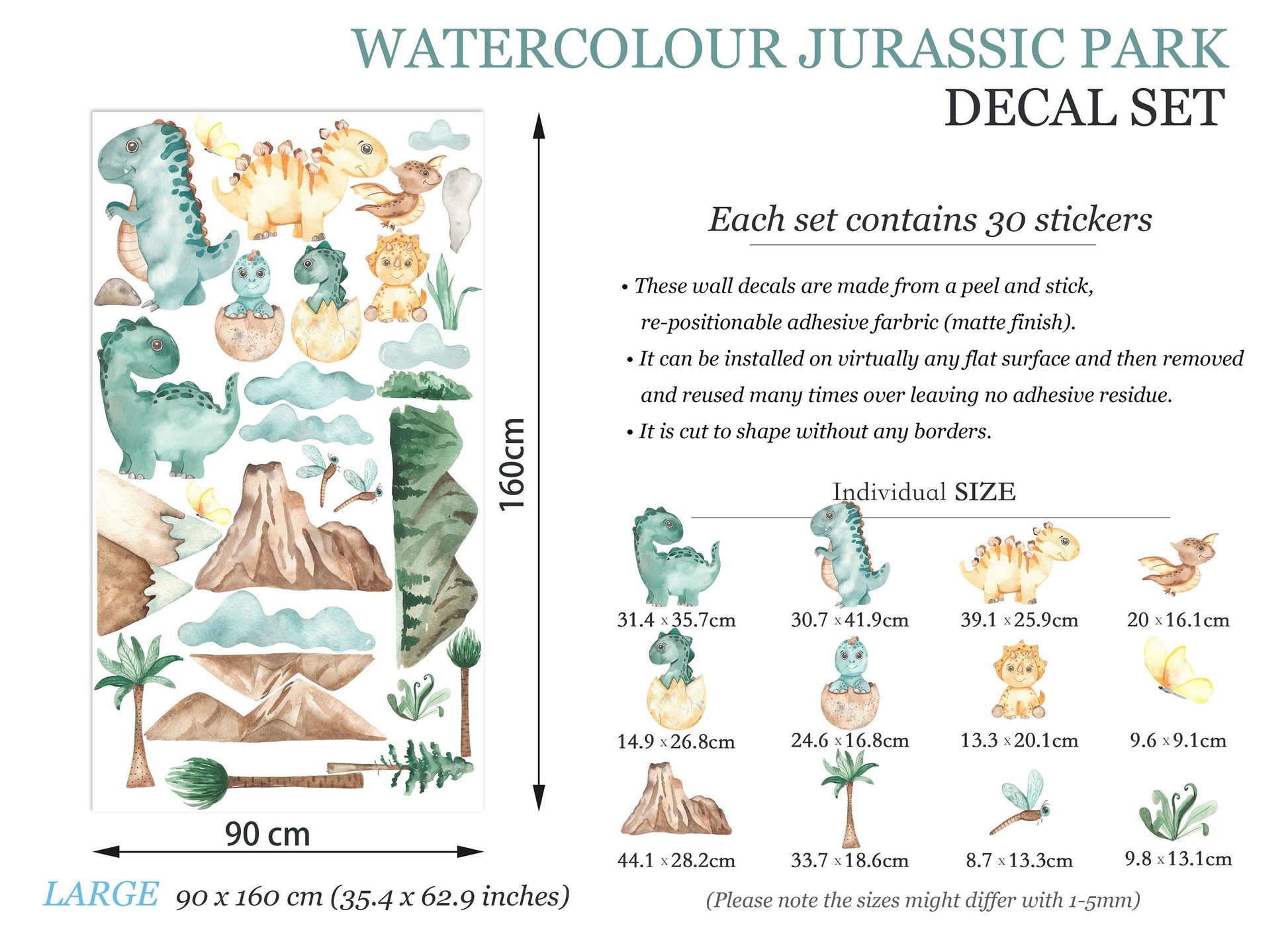 Watercolour Prehistoric Dinosaur Volcano Wall Decal - Removable Decal for Baby Room - BR096