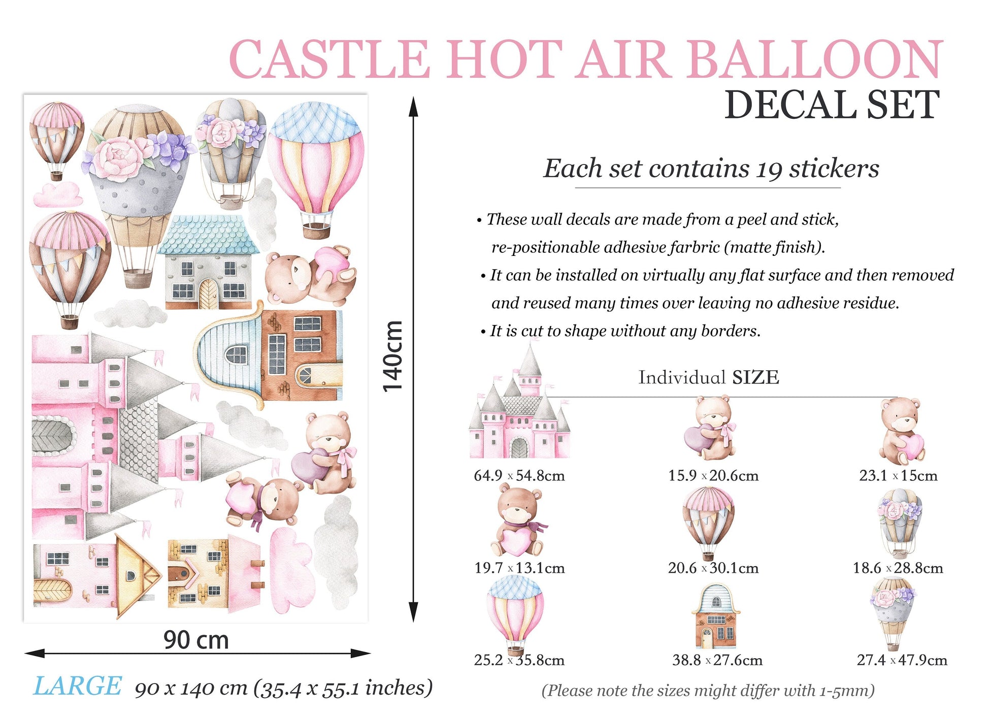 Watercolor Baby Bear in Castle with Pink Hot Air Floral Balloon Removable Wall Decal Sticker - BR099