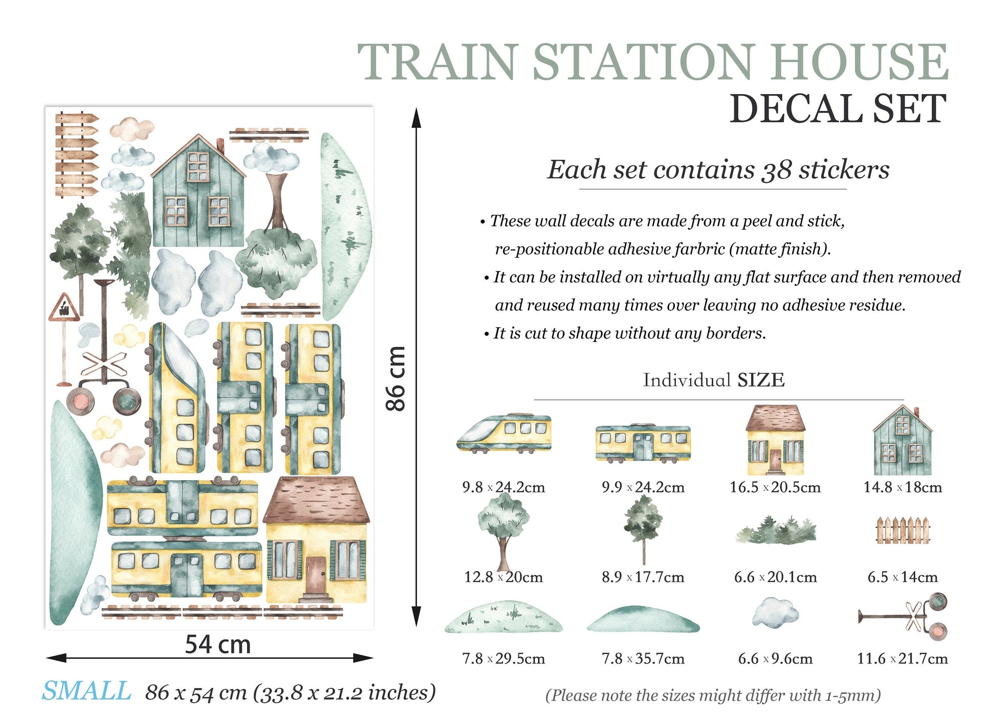 Watercolor Freight and Steam Locomotive Train with Traffic Lights, Houses, and Trees Wall Decal - BR071
