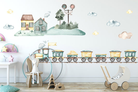 Watercolor Freight and Steam Locomotive Train with Traffic Lights, Houses, and Trees Wall Decal - BR071