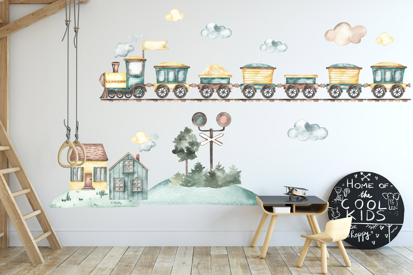 Watercolor Freight and Steam Locomotive Train with Traffic Lights, Houses, and Trees Wall Decal - BR071