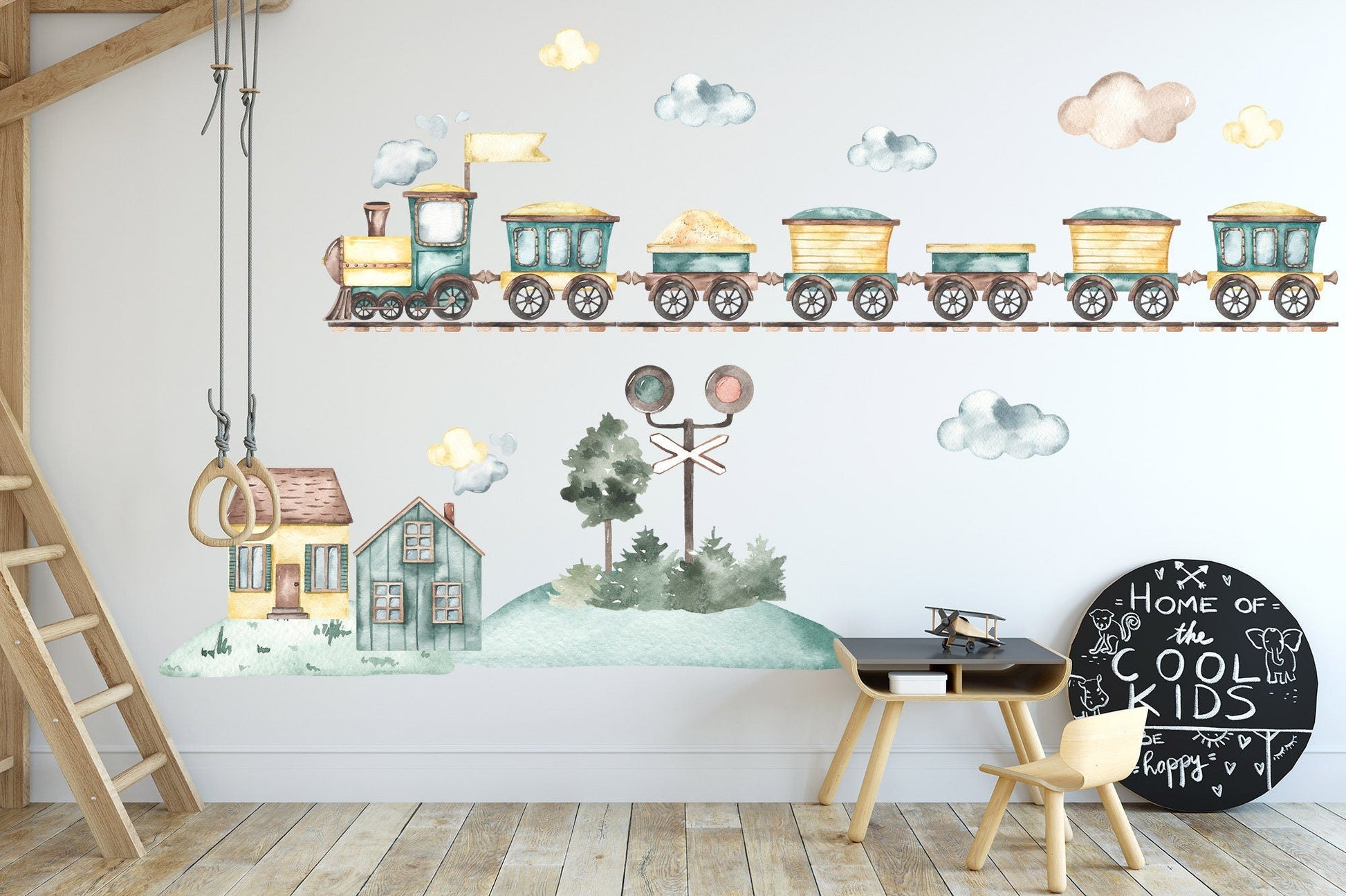 Watercolor Freight and Steam Locomotive Train with Traffic Lights, Houses, and Trees Wall Decal - BR071