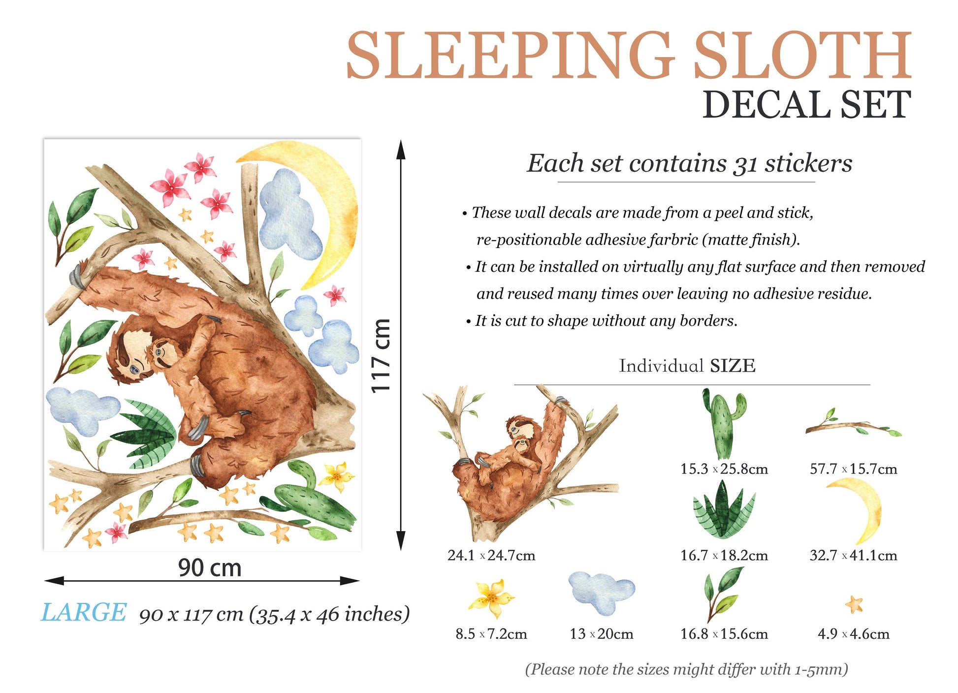 Sloth and Baby on Tree Branch with Moon, Clouds, and Stars Wall Decal - BR070