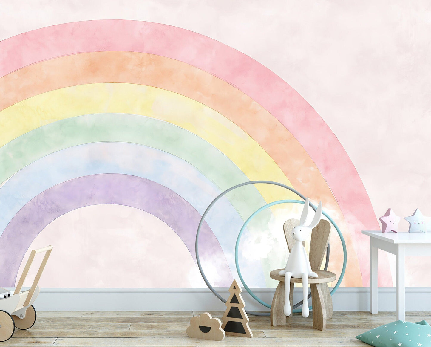 Peel and stick Rainbow Wall Mural - with Clouds - Vibrant Kids Room Decor - WM001