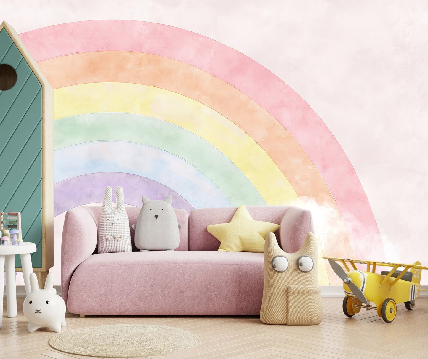 Peel and stick Rainbow Wall Mural - with Clouds - Vibrant Kids Room Decor - WM001