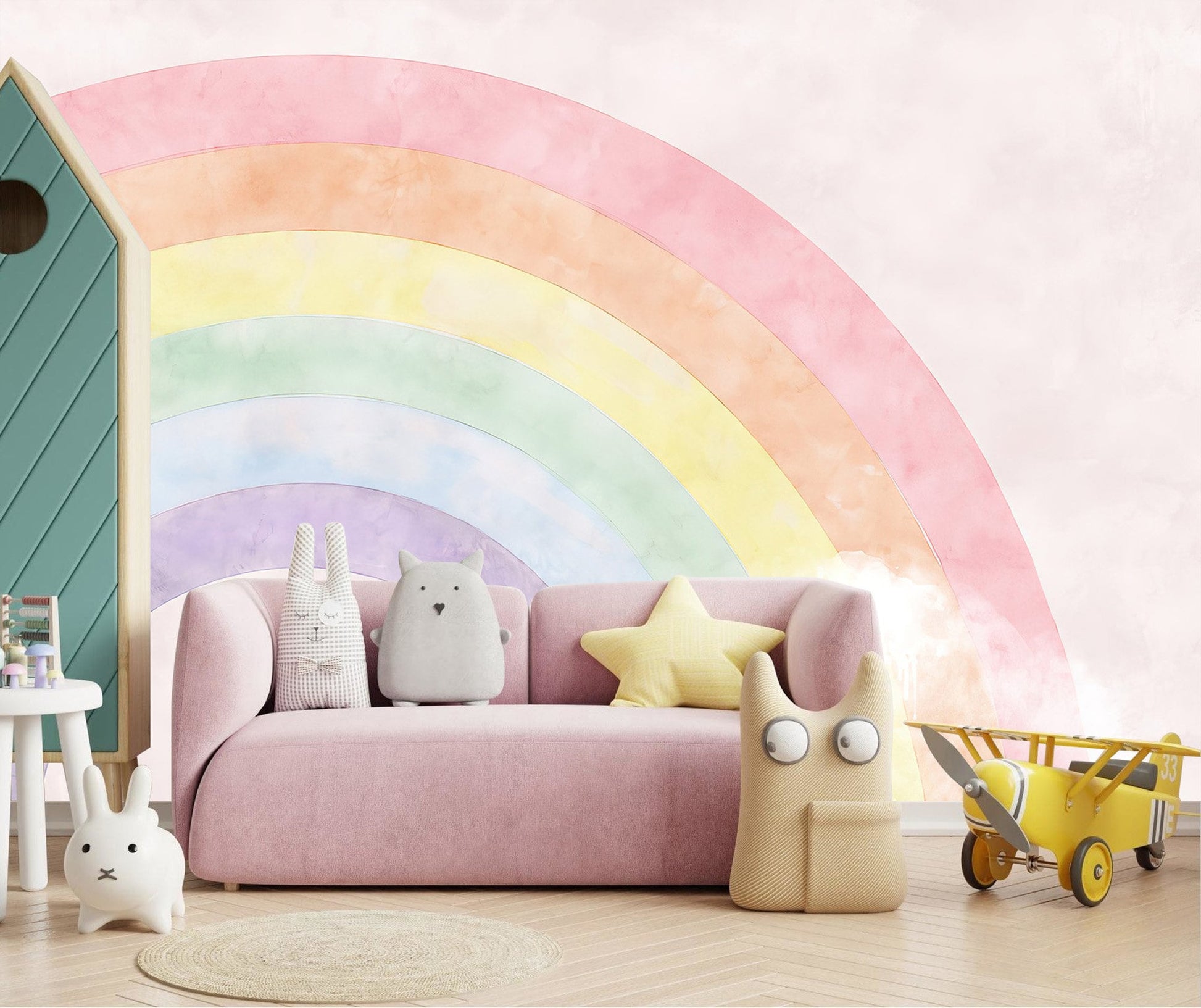 Peel and stick Rainbow Wall Mural - with Clouds - Vibrant Kids Room Decor - WM001