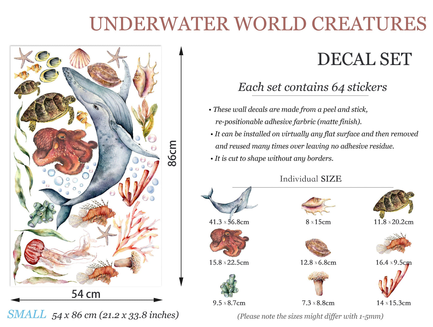 Enchanting Undersea Cartoon Wall Decal - Whale Jellyfish Octopu, Turtles Anemones - Watercolor Style for Kids Room  - BR100