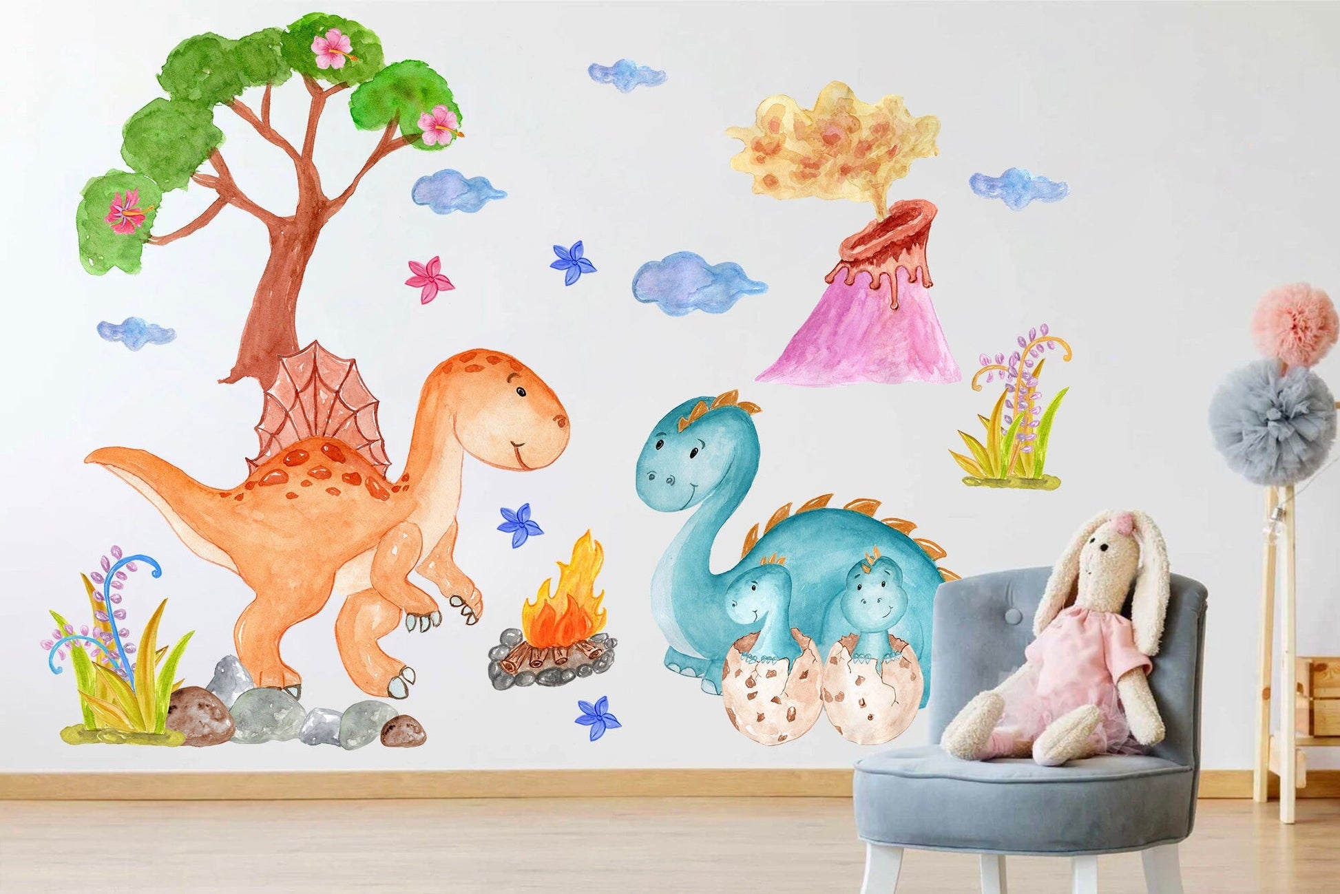 Dinosaur World Wall Decals: Colorful Dinosaurs, Volcano, Trees, Campfire, Hatching Babies Dinos - BR079