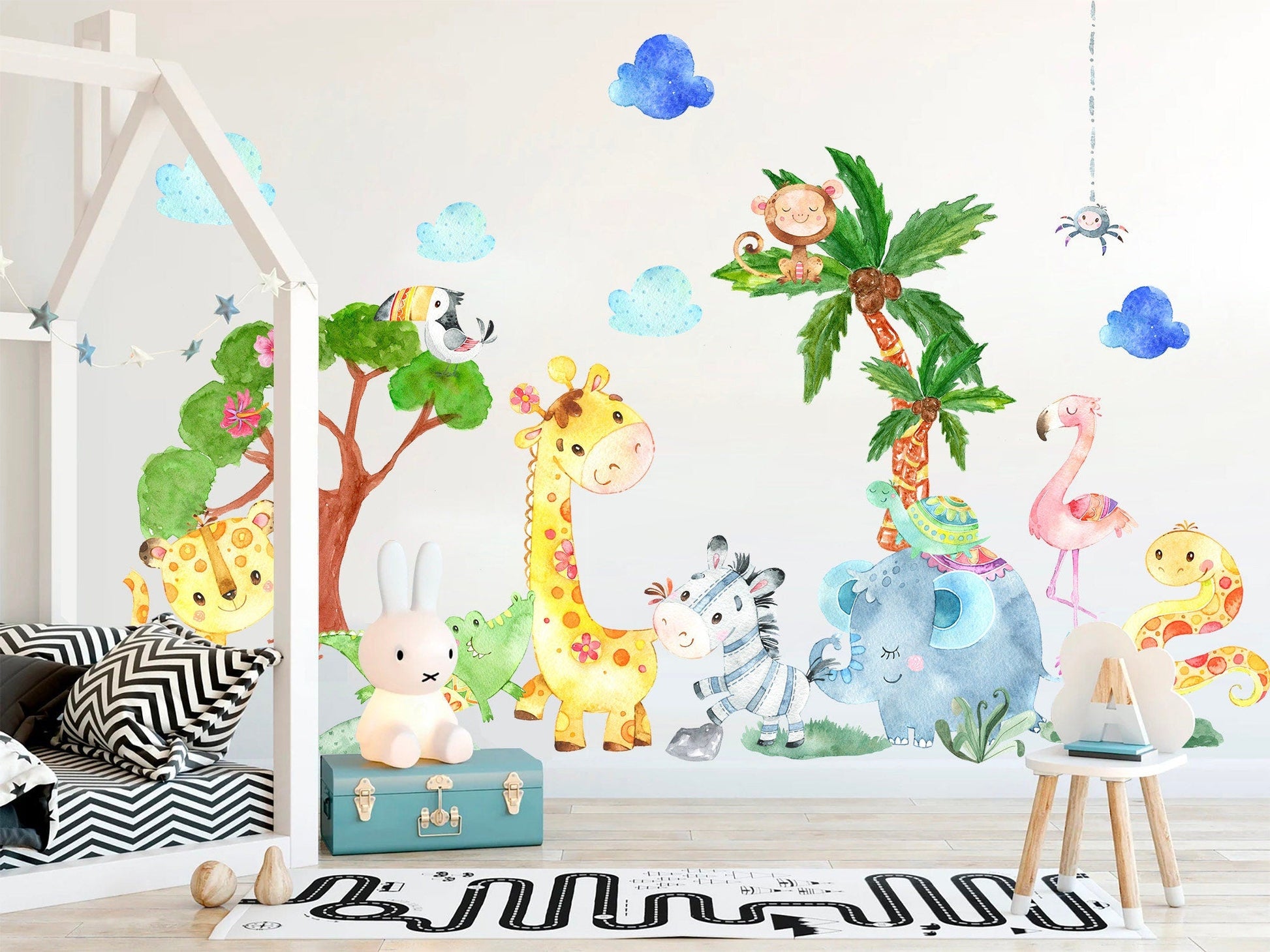 Playful Baby Animals Under Tree Wall Decal -  Crocodile Giraffe Elephant Monkey Zebra - BR103