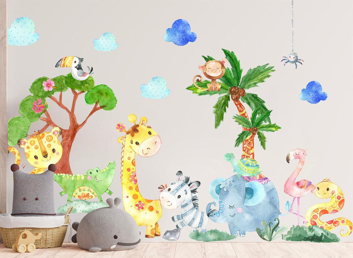 Playful Baby Animals Under Tree Wall Decal -  Crocodile Giraffe Elephant Monkey Zebra - BR103