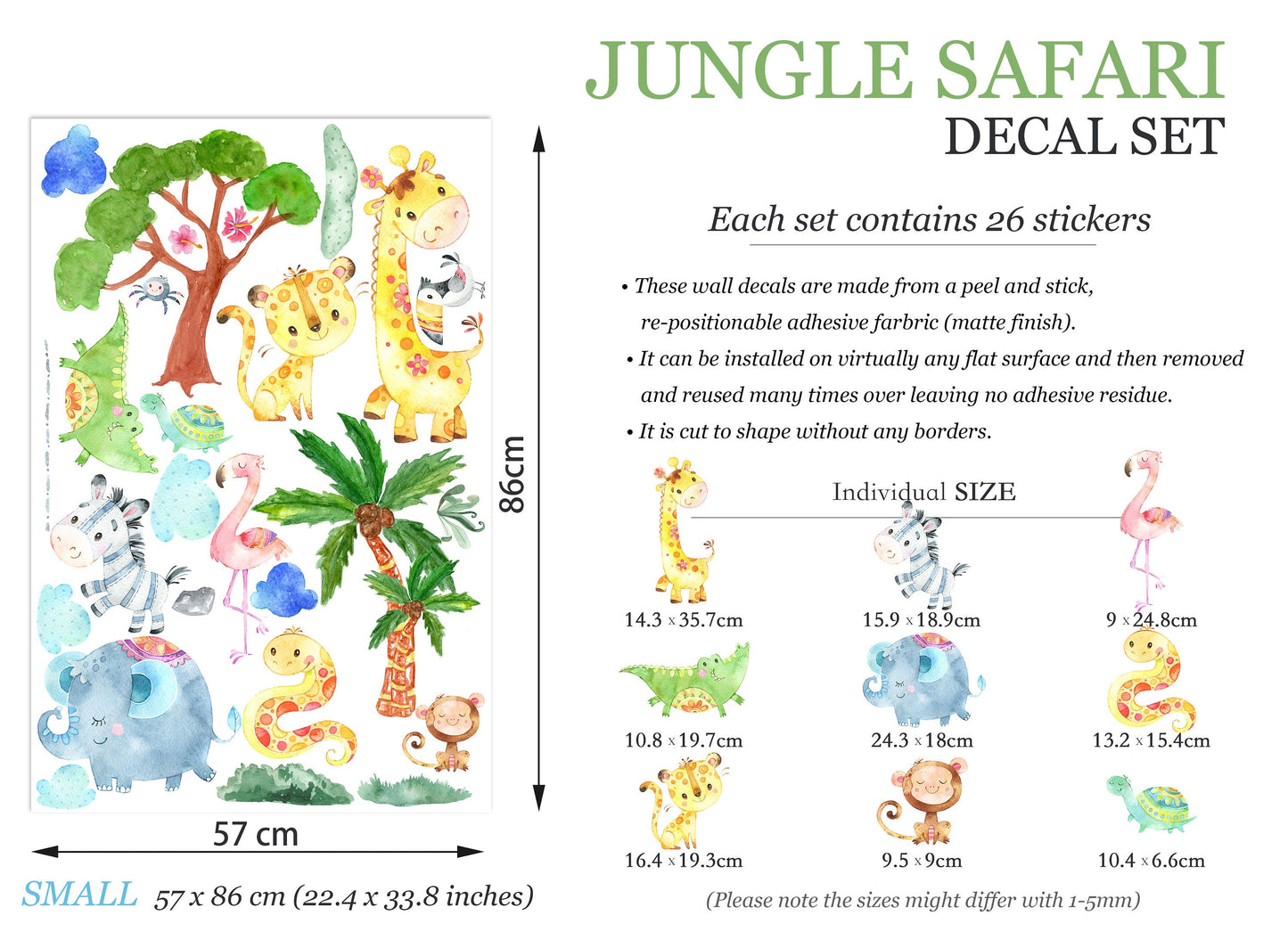 Playful Baby Animals Under Tree Wall Decal -  Crocodile Giraffe Elephant Monkey Zebra - BR103