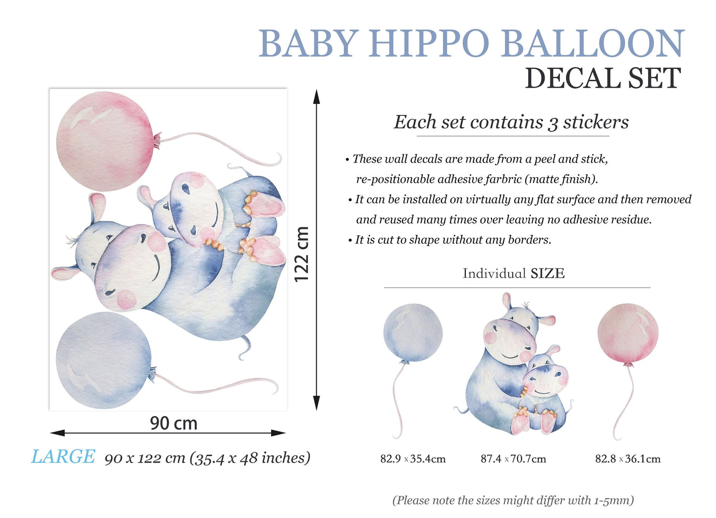 Watercolor Hippo Mom and Baby with Pink and Light Blue Balloons Wall Decals - Girls' Room Decor - BR082