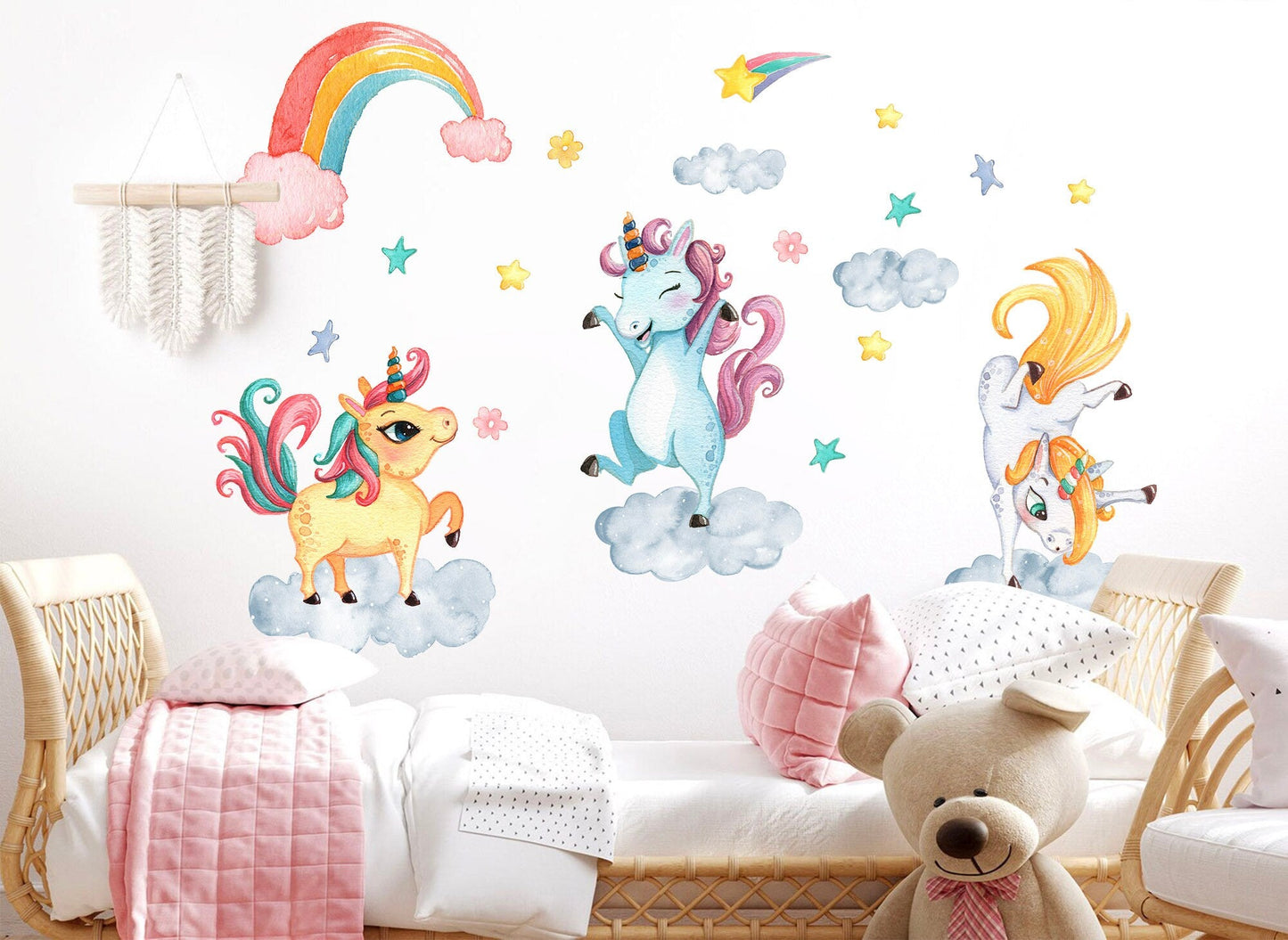 Dancing Unicorns in the Sky: Rainbow, Stars, Flowers Wall Decal - BR081