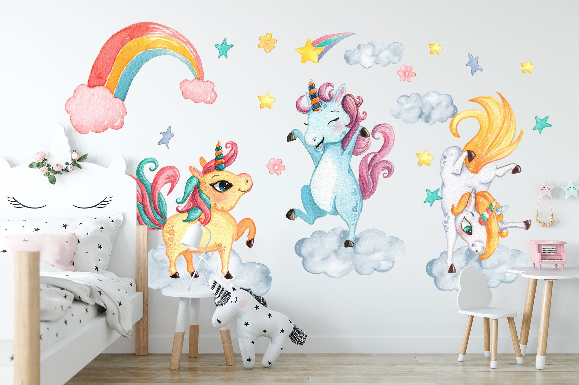 Dancing Unicorns in the Sky: Rainbow, Stars, Flowers Wall Decal - BR081