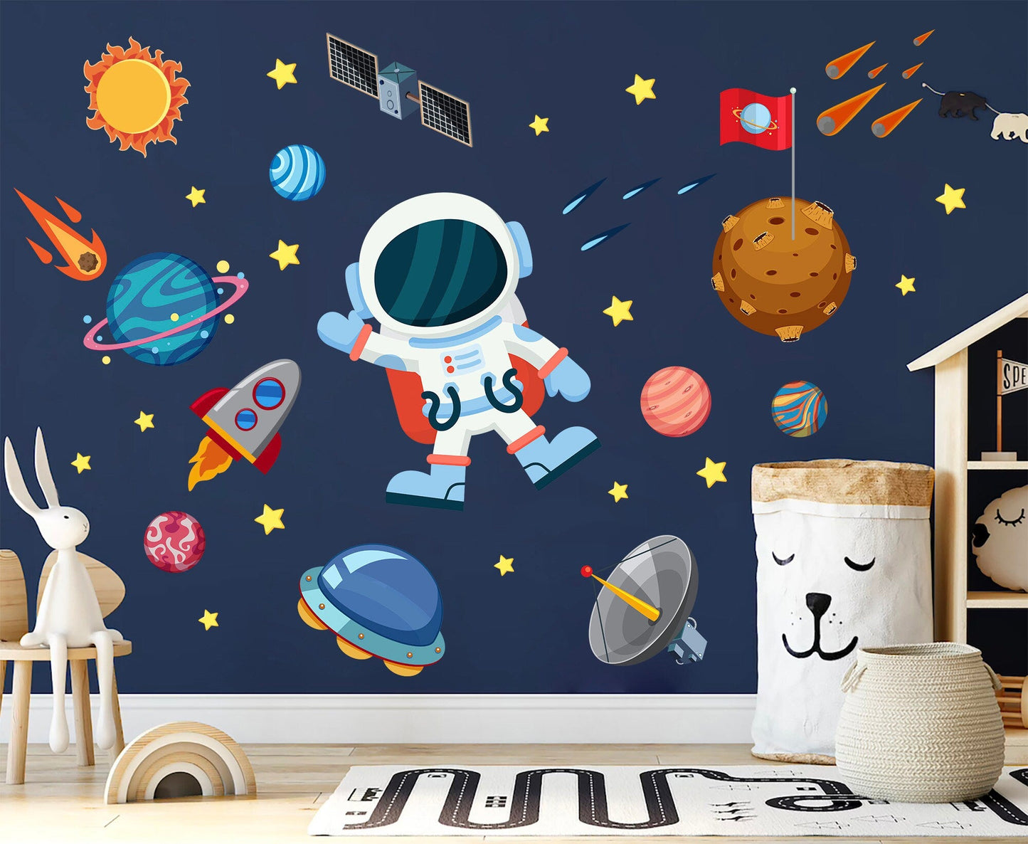 Space Adventure Wall Decals: Astronauts, Planets, Rockets, UFOs, Satellites, Comets - BR077