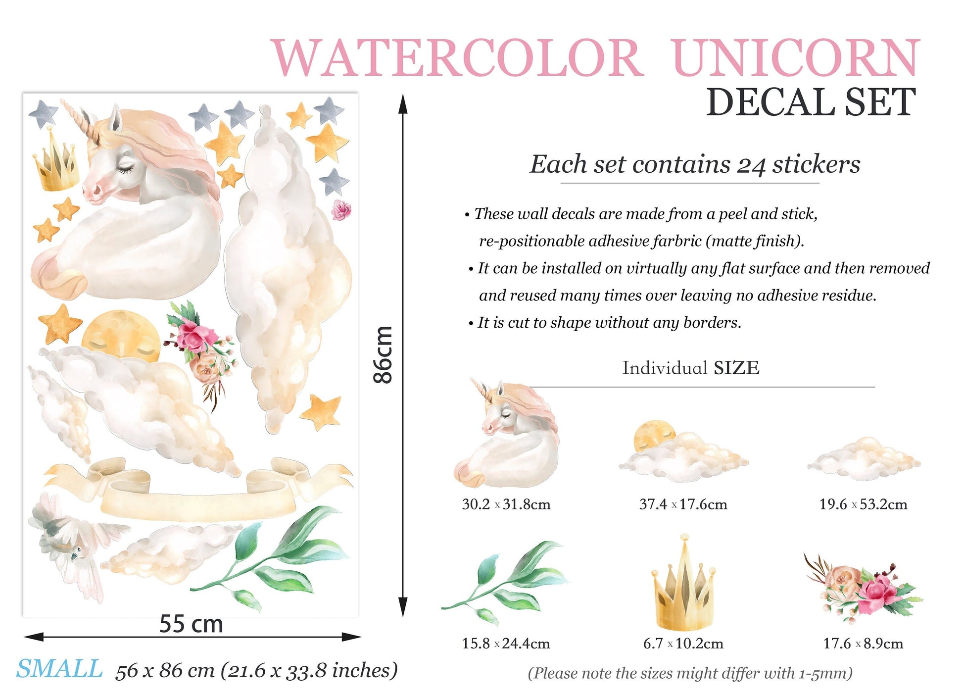 Slumbering Enchanted Unicorn on Cloud Wall Decal - Starry Sky Moon - Girl Room Decor - BR112