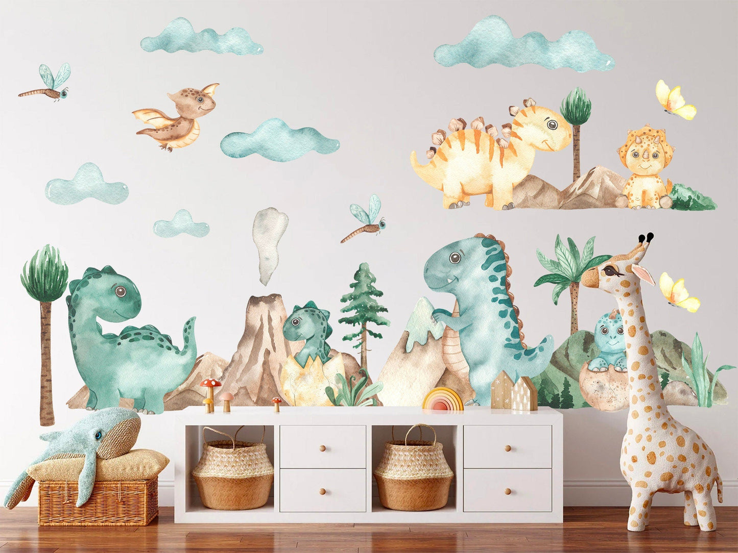 Watercolour Prehistoric Dinosaur Volcano Wall Decal - Removable Decal for Baby Room - BR096