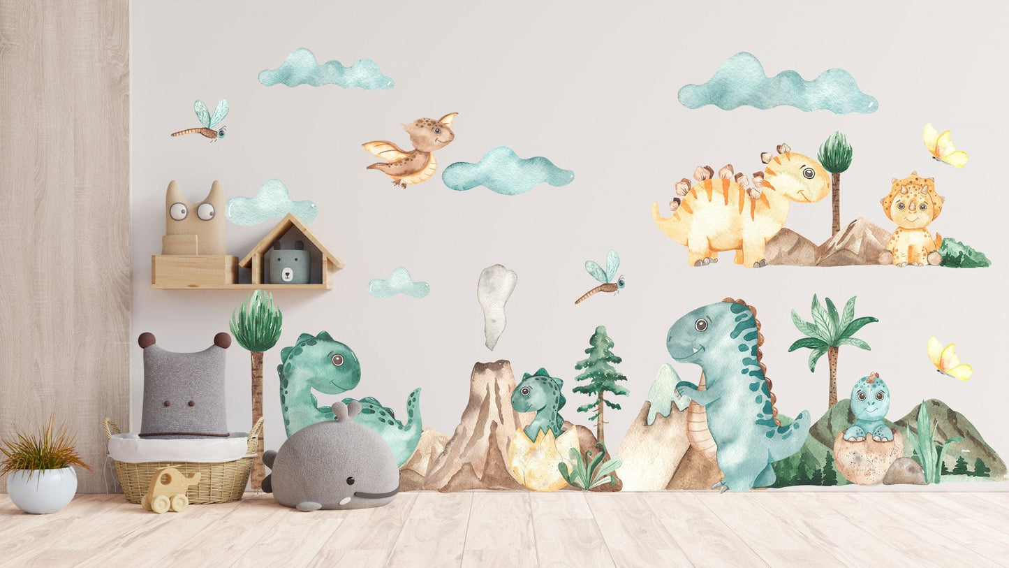 Watercolour Prehistoric Dinosaur Volcano Wall Decal - Removable Decal for Baby Room - BR096