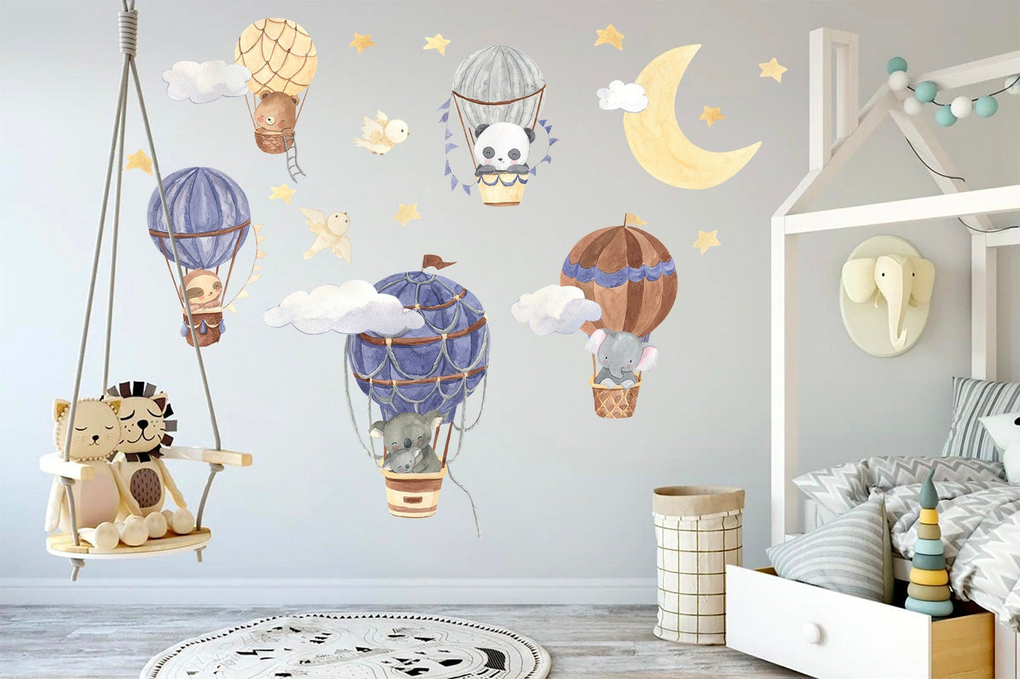 Adorable Animal Babies Flying on Moonlit Hot Air Balloon Removable Wall Decal - Koala Elephant Panda Sloth - BR117