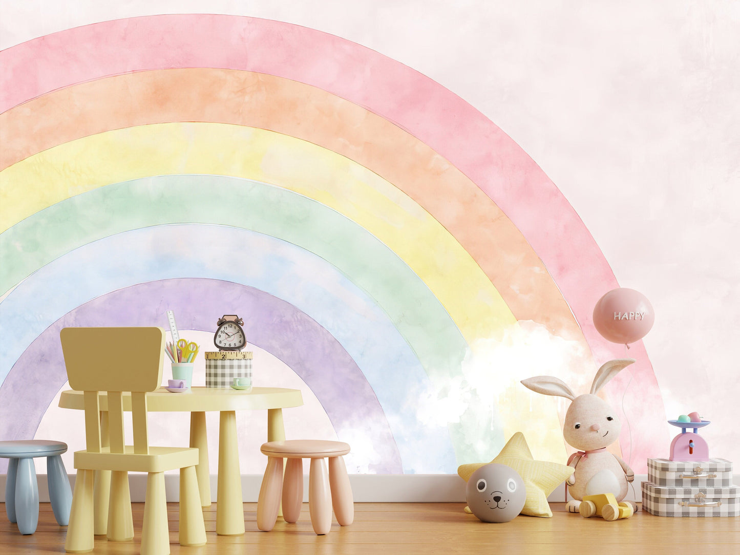 Peel and stick Rainbow Wall Mural - with Clouds - Vibrant Kids Room Decor - WM001