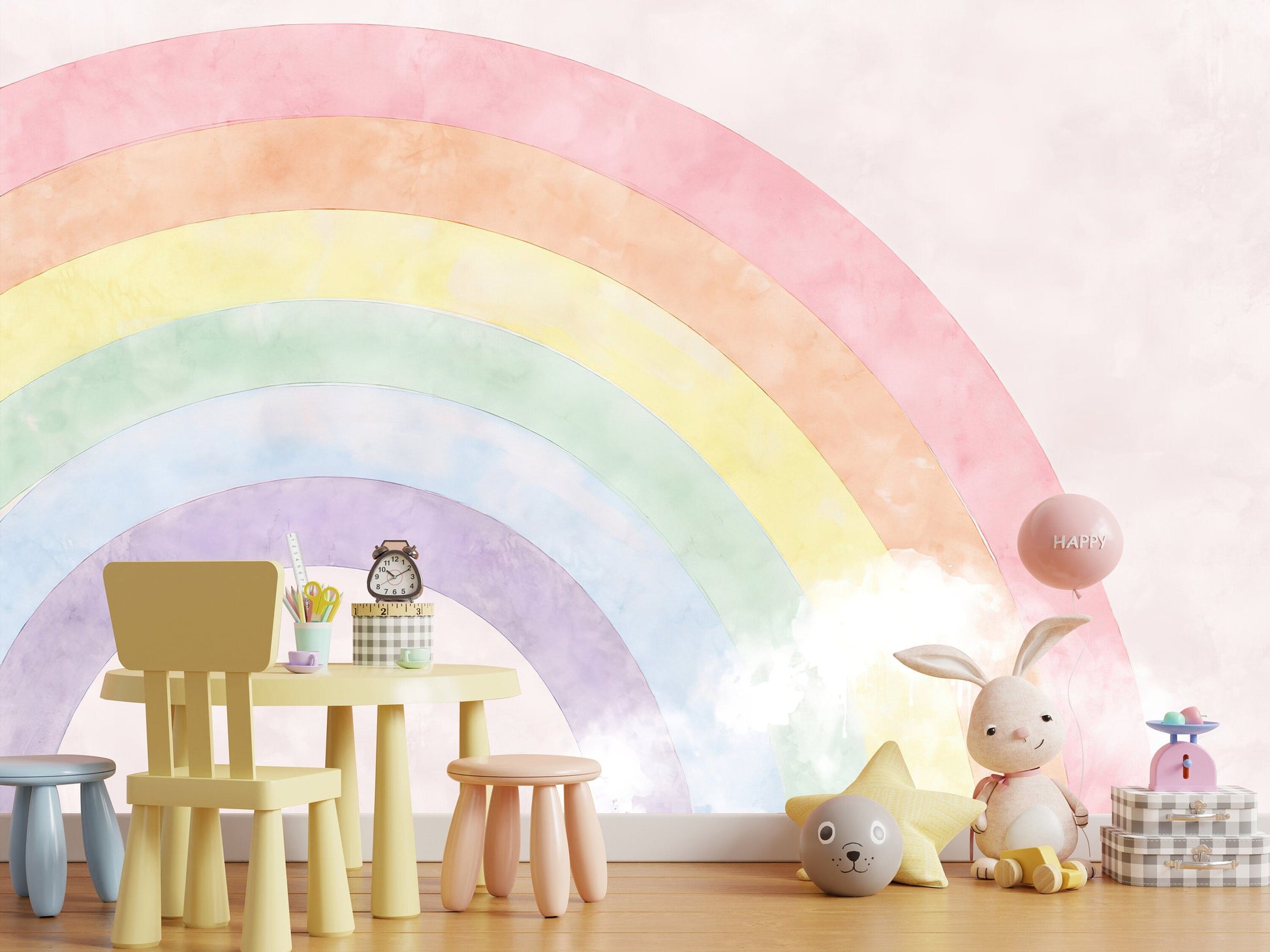 Peel and stick Rainbow Wall Mural - with Clouds - Vibrant Kids Room Decor - WM001