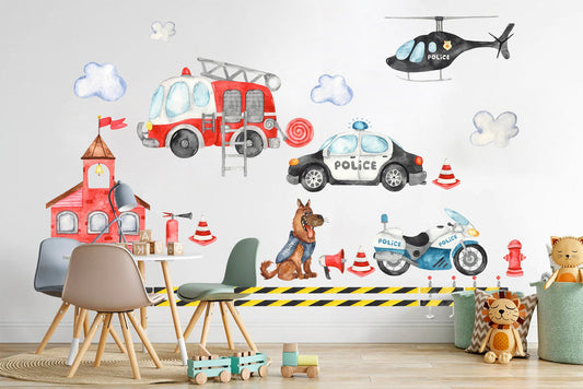 Emergency Services Fire Truck Police Car Helicopter Removable Wall Decal Boys Gift Decor - BR122