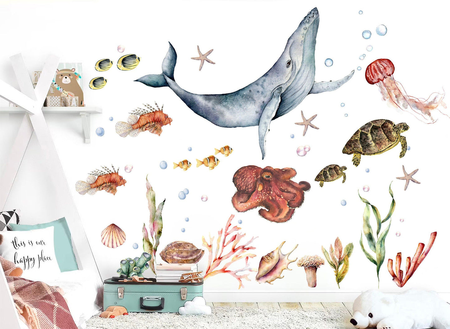 Enchanting Undersea Cartoon Wall Decal - Whale Jellyfish Octopu, Turtles Anemones - Watercolor Style for Kids Room  - BR100