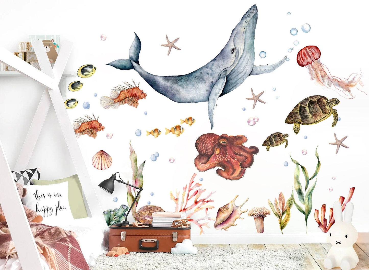Enchanting Undersea Cartoon Wall Decal - Whale Jellyfish Octopu, Turtles Anemones - Watercolor Style for Kids Room  - BR100