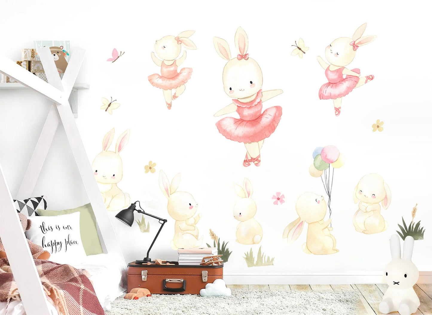 Enchanting Bunny Ballet Wall Sticker - Pink-Dressed Bunnies Dancing Amongst Floral Delights & Balloons - BR126S
