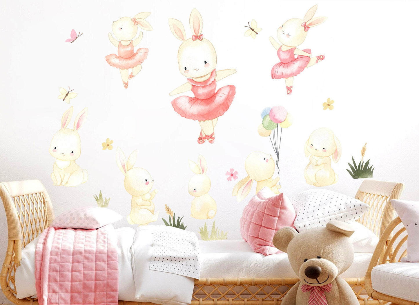 Enchanting Bunny Ballet Wall Sticker - Pink-Dressed Bunnies Dancing Amongst Floral Delights & Balloons - BR126S