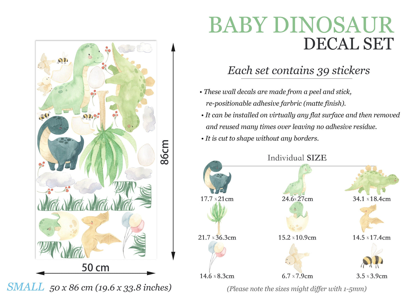 Watercolor Dinosaurs with Bee and Bird Prehistoric Removable Wall Decal - Boy's Gift - BR127