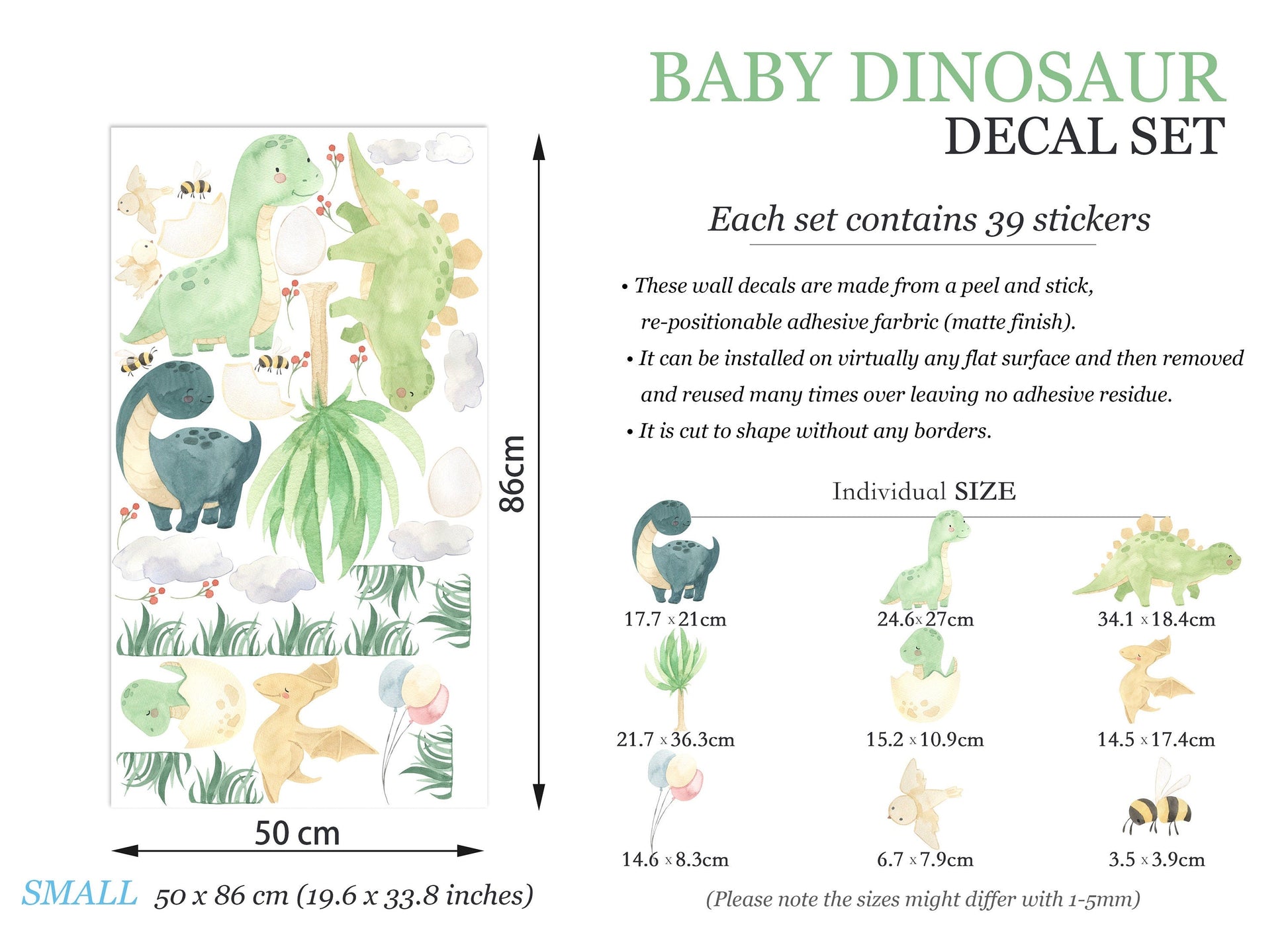 Watercolor Dinosaurs with Bee and Bird Prehistoric Removable Wall Decal - Boy's Gift - BR127