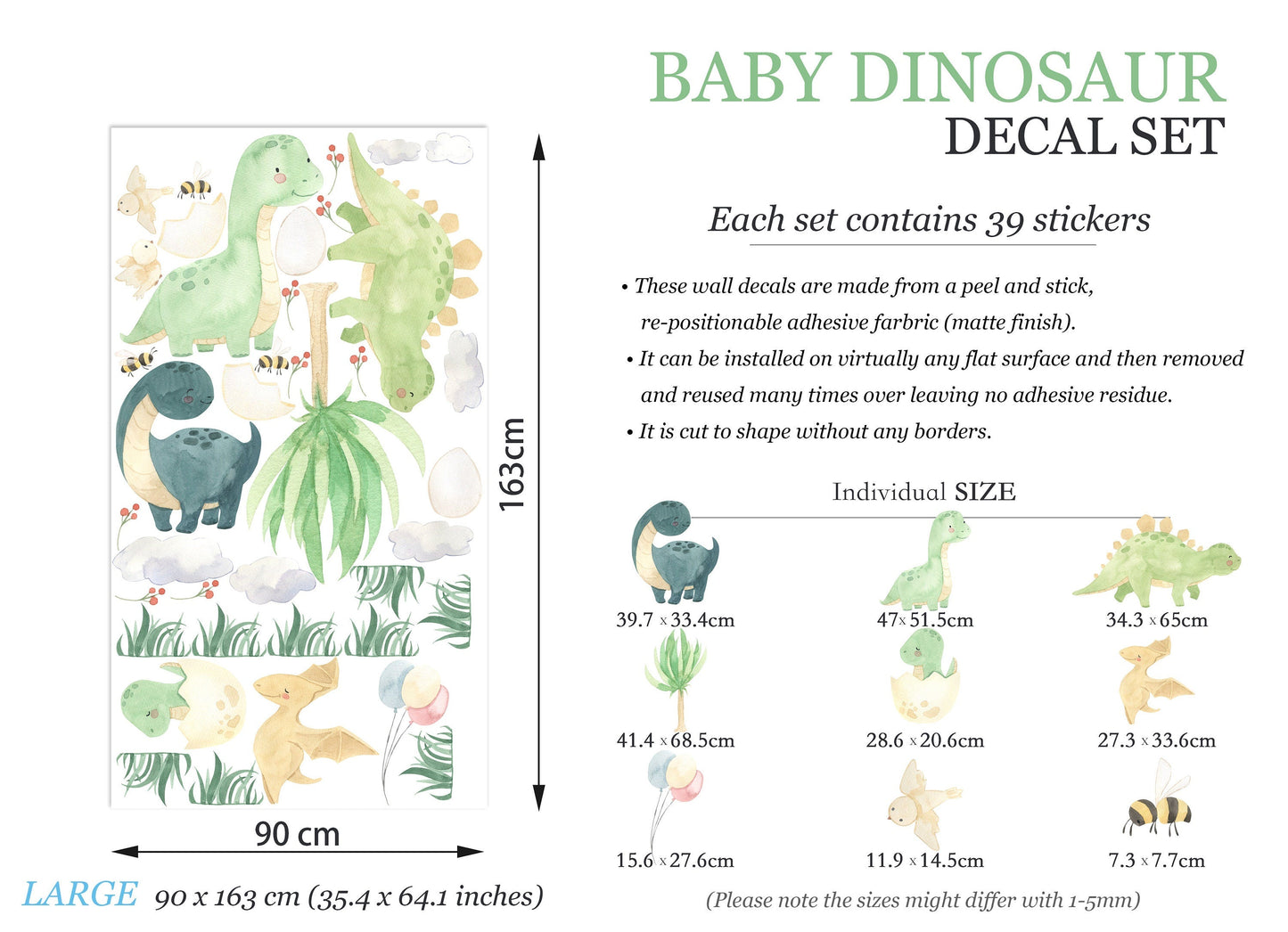 Watercolor Dinosaurs with Bee and Bird Prehistoric Removable Wall Decal - Boy's Gift - BR127