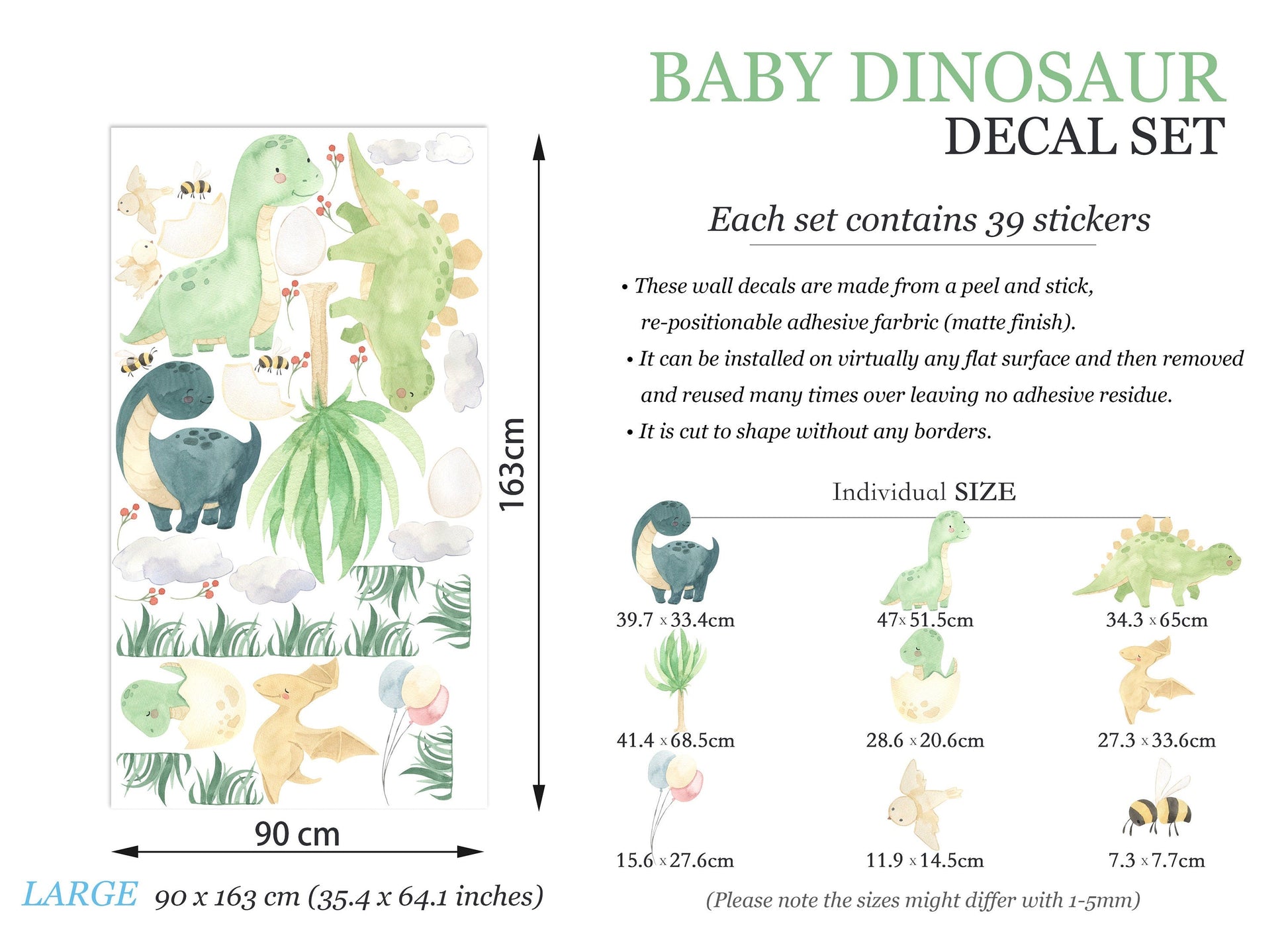 Watercolor Dinosaurs with Bee and Bird Prehistoric Removable Wall Decal - Boy's Gift - BR127