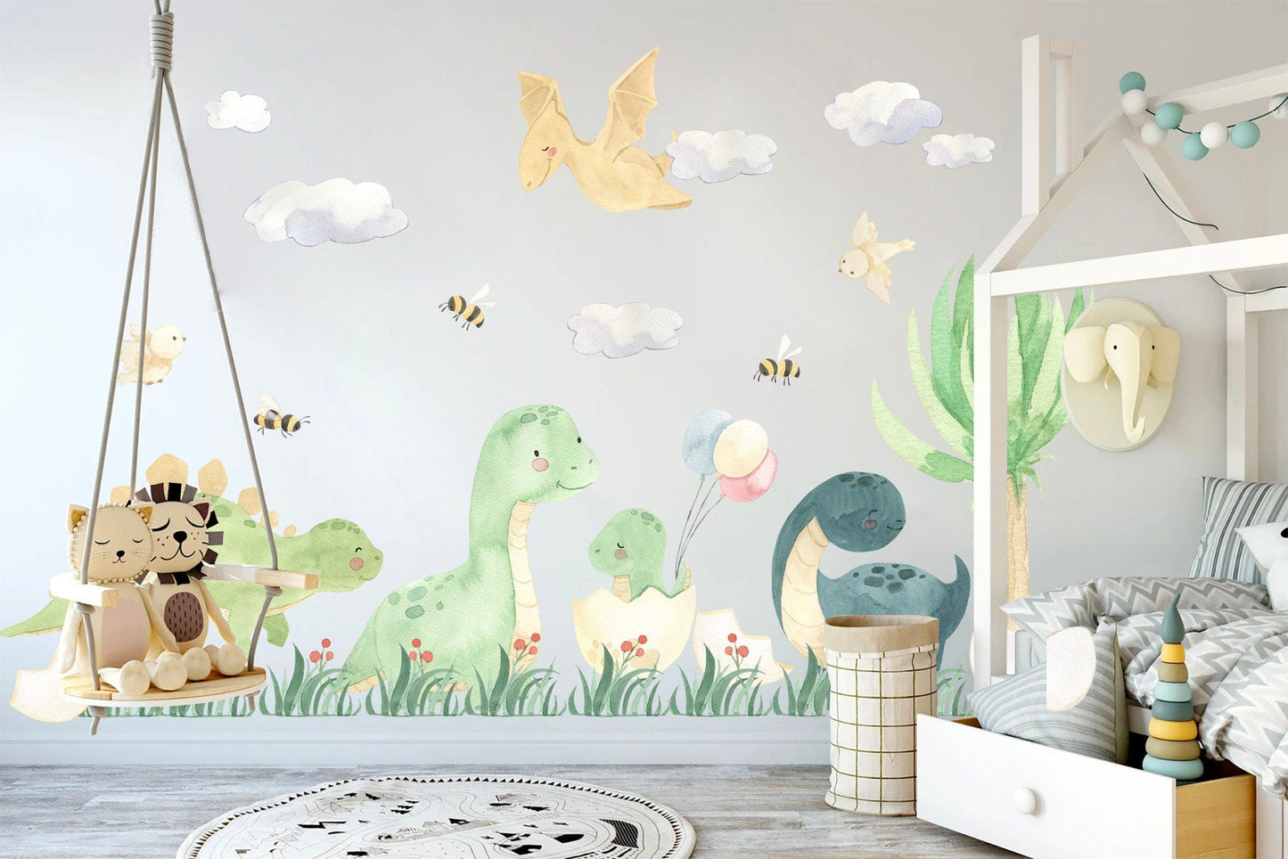 Watercolor Dinosaurs with Bee and Bird Prehistoric Removable Wall Decal - Boy's Gift - BR127