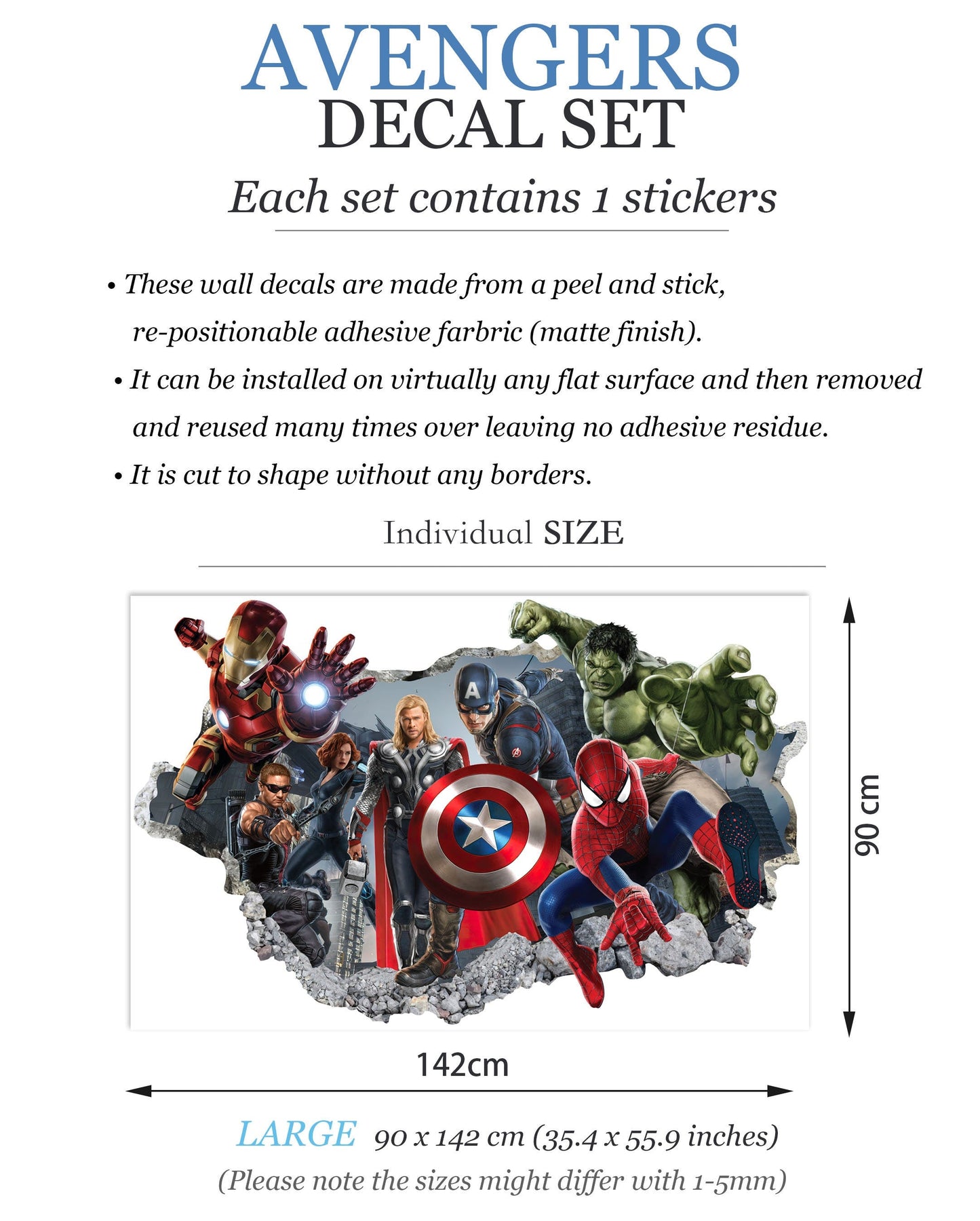 Avengers Hulk Spiderman Iron Man Thor Captain America 3D Wall Decal – Removable Superhero Sticker for Boys Room Playroom Wall Art