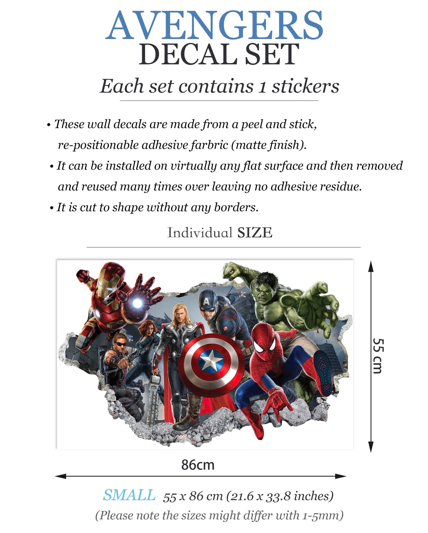 Avengers Hulk Spiderman Iron Man Thor Captain America 3D Wall Decal – Removable Superhero Sticker for Boys Room Playroom Wall Art
