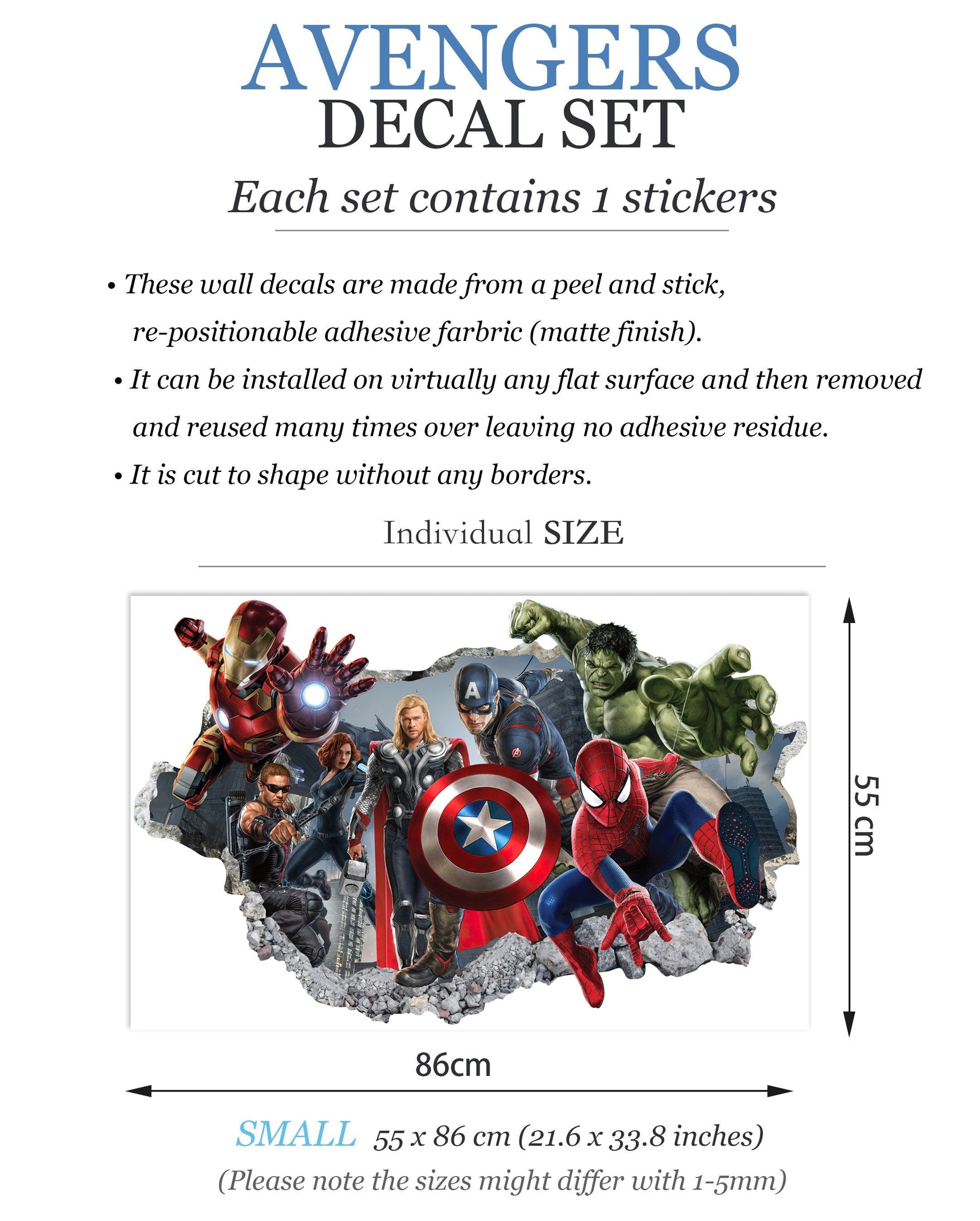 Avengers Hulk Spiderman Iron Man Thor Captain America 3D Wall Decal – Removable Superhero Sticker for Boys Room Playroom Wall Art