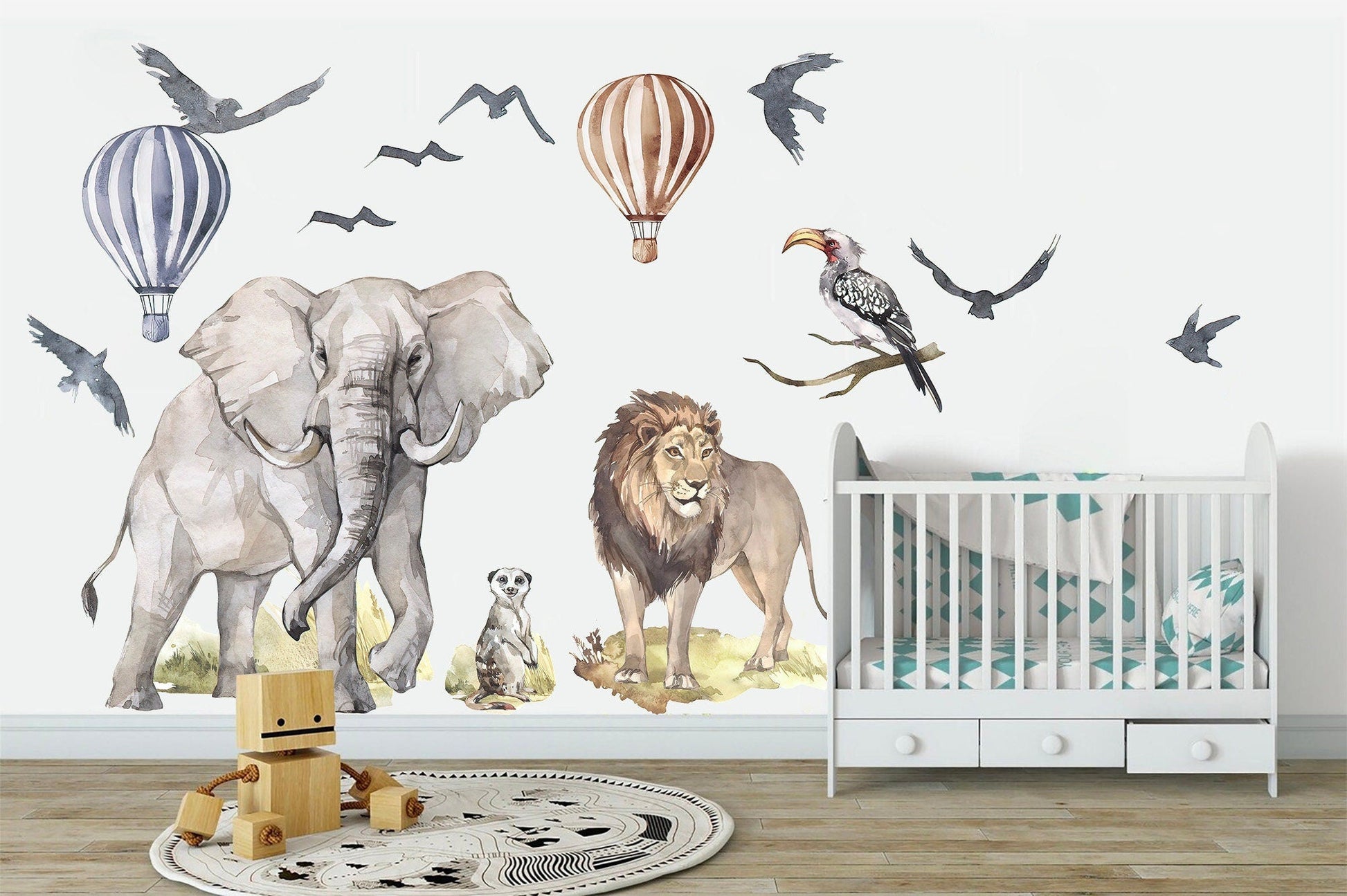 African Savanna Wildlife Wall Decal - Lions Elephants Eagles and Hot Air Balloons - BR106