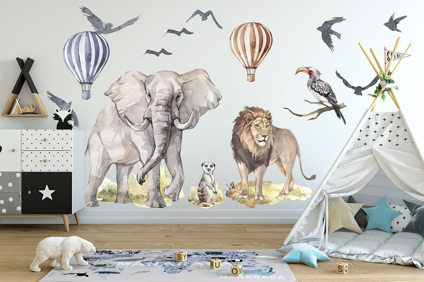African Savanna Wildlife Wall Decal - Lions Elephants Eagles and Hot Air Balloons - BR106