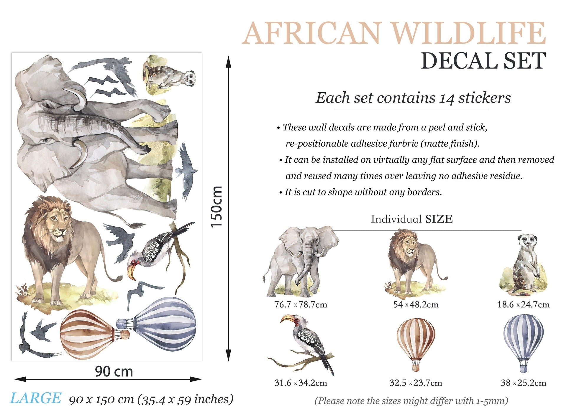 African Savanna Wildlife Wall Decal - Lions Elephants Eagles and Hot Air Balloons - BR106