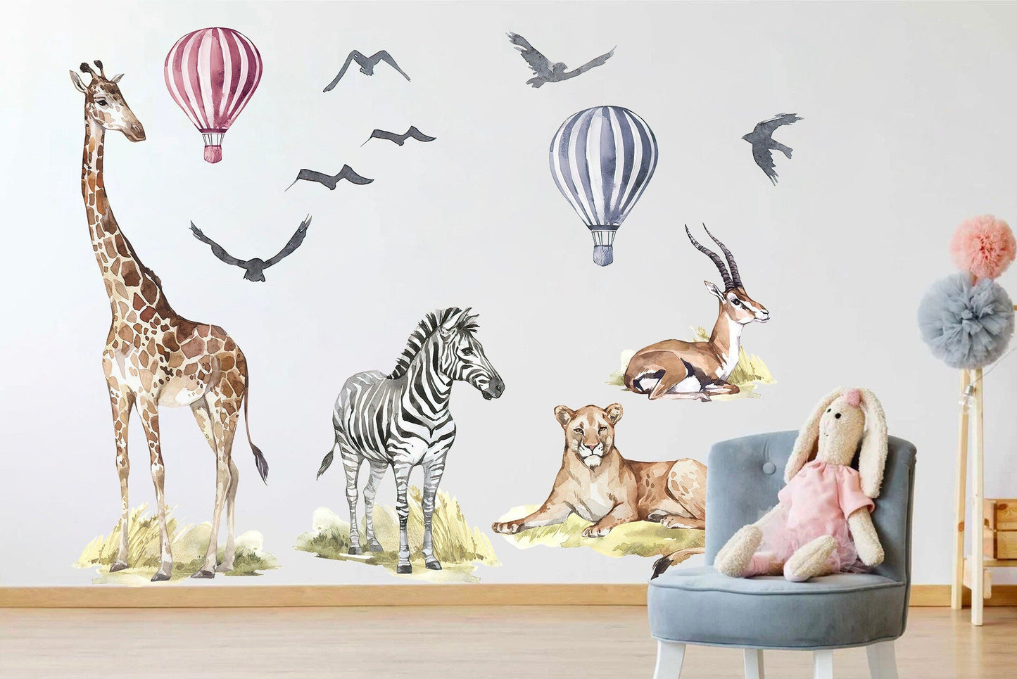 African Savannah Wildlife Wall Decal - Giraffe Antelope Lion Zebra Eagles Hot Air Balloons - BR107