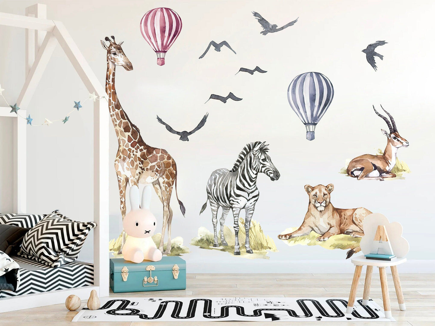 African Savannah Wildlife Wall Decal - Giraffe Antelope Lion Zebra Eagles Hot Air Balloons - BR107
