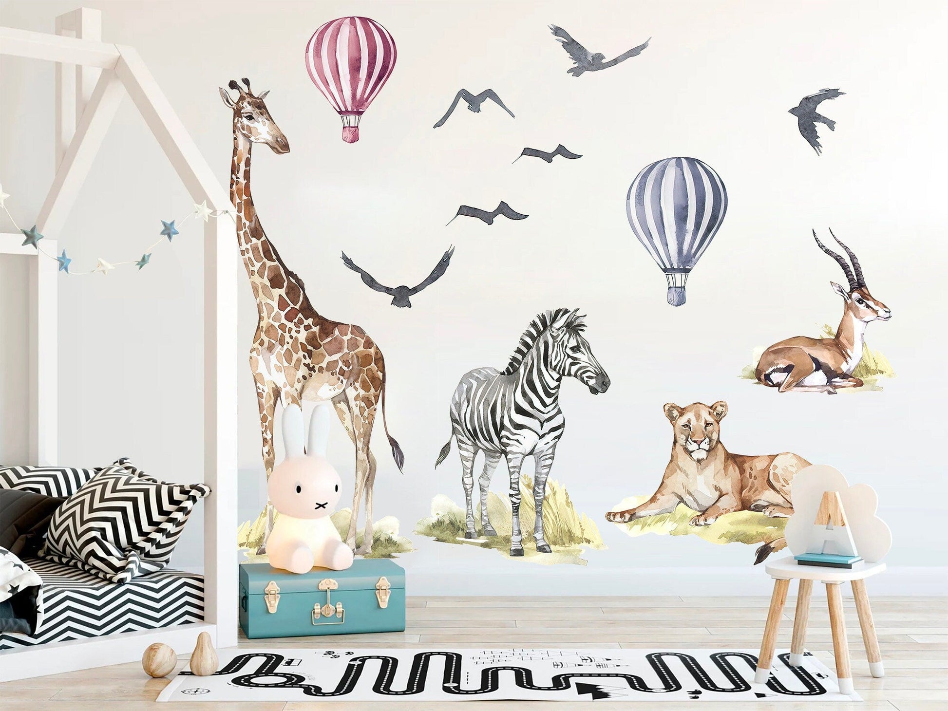 African Savannah Wildlife Wall Decal - Giraffe Antelope Lion Zebra Eagles Hot Air Balloons - BR107