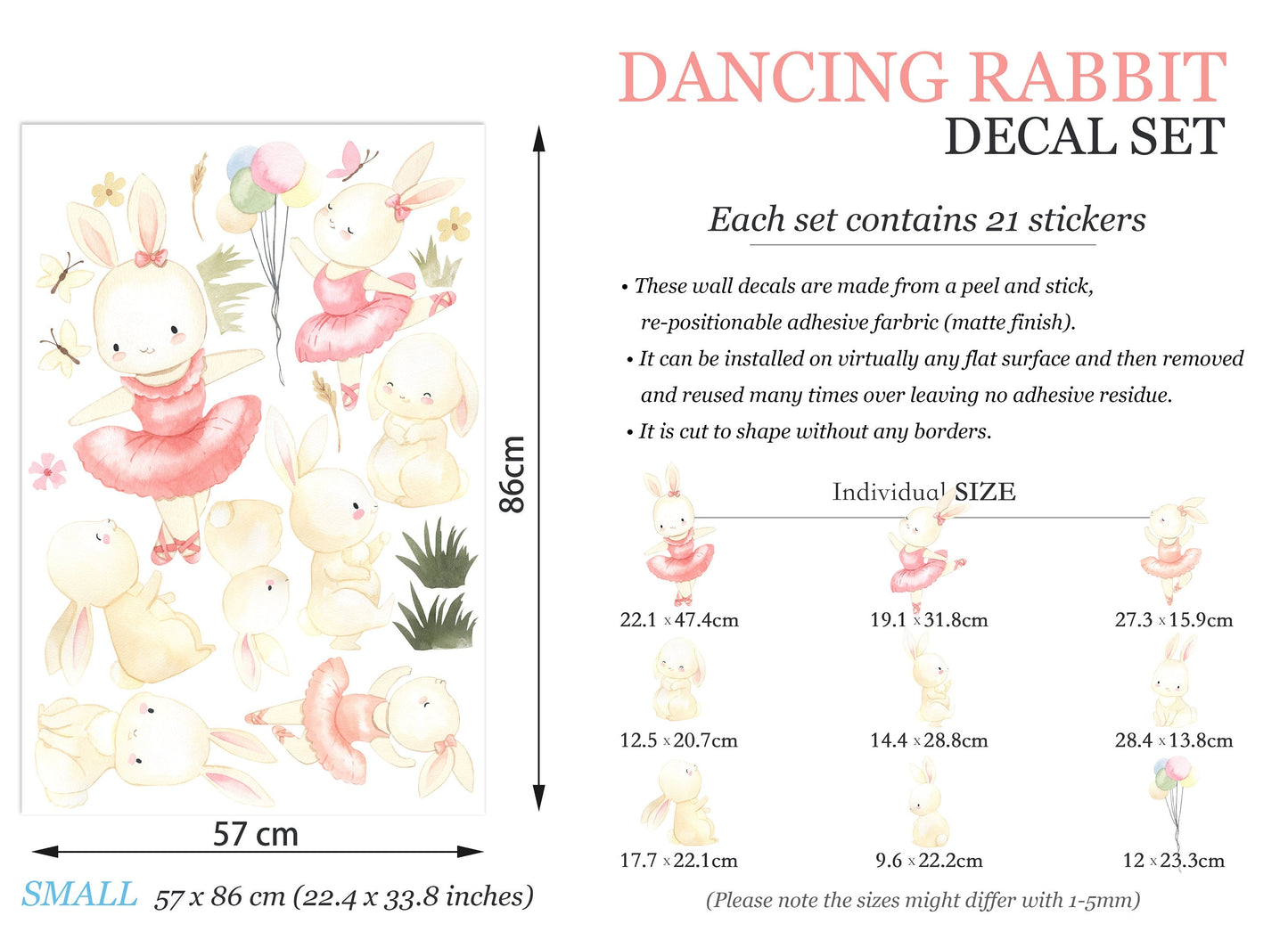 Enchanting Bunny Ballet Wall Sticker - Pink-Dressed Bunnies Dancing Amongst Floral Delights & Balloons - BR126S