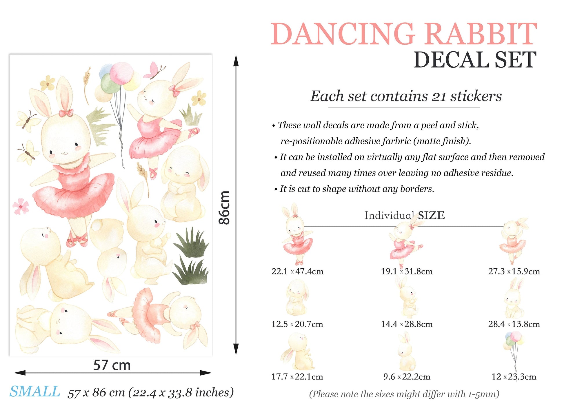 Enchanting Bunny Ballet Wall Sticker - Pink-Dressed Bunnies Dancing Amongst Floral Delights & Balloons - BR126S