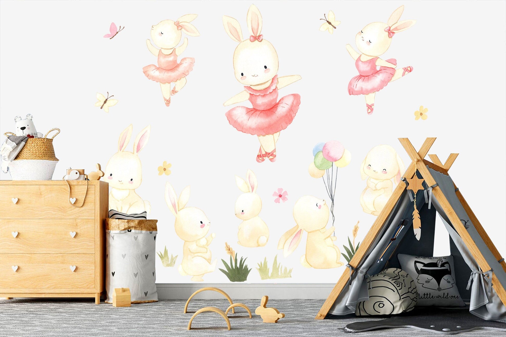 Enchanting Bunny Ballet Wall Sticker - Pink-Dressed Bunnies Dancing Amongst Floral Delights & Balloons - BR126S