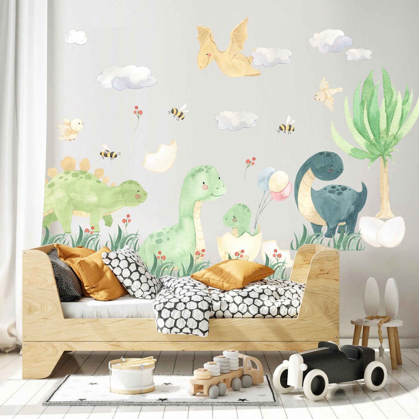 Watercolor Dinosaurs with Bee and Bird Prehistoric Removable Wall Decal - Boy's Gift - BR127