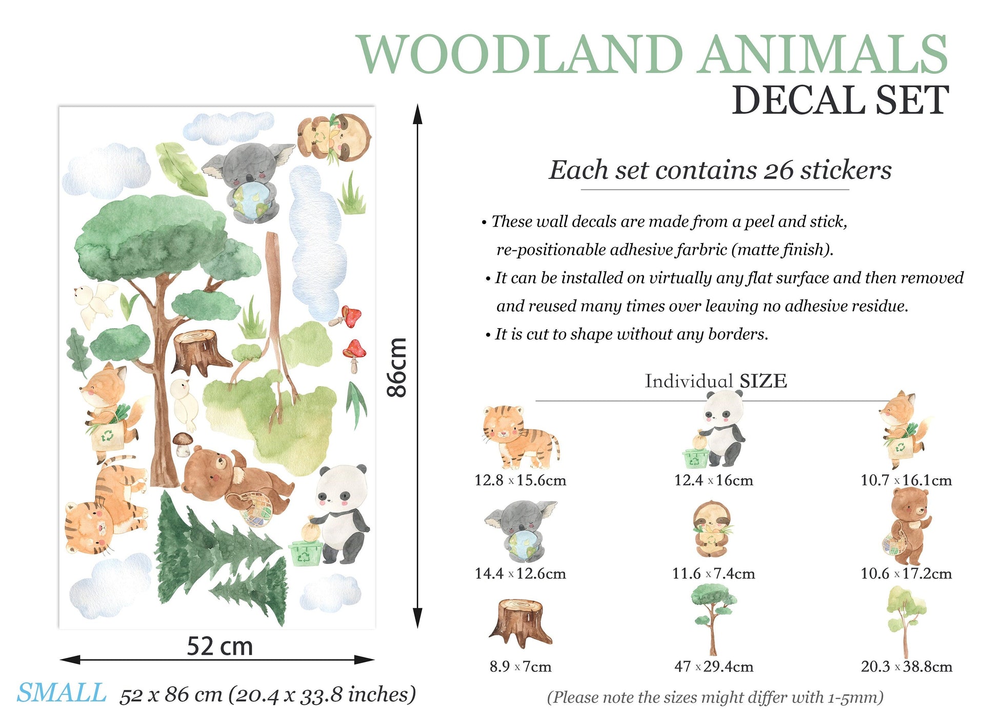 Forest Baby Animals Removable Wall Decal - Koala Sloth Fox Bear Tiger Panda - BR129